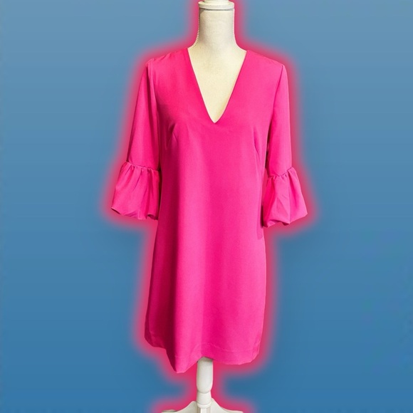 Milly ‘Mandy’ V-Neck 3/4-Length Sleeve Mini Dress in “Raspberry” Hot Pink Size 8 - Picture 4 of 16